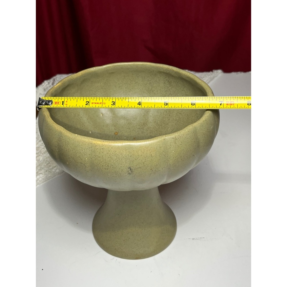 Vintage USA Pottery Speckled Green Pedestal Planter Scalloped Footed Bowl 7.5in - Picture 5 of 6